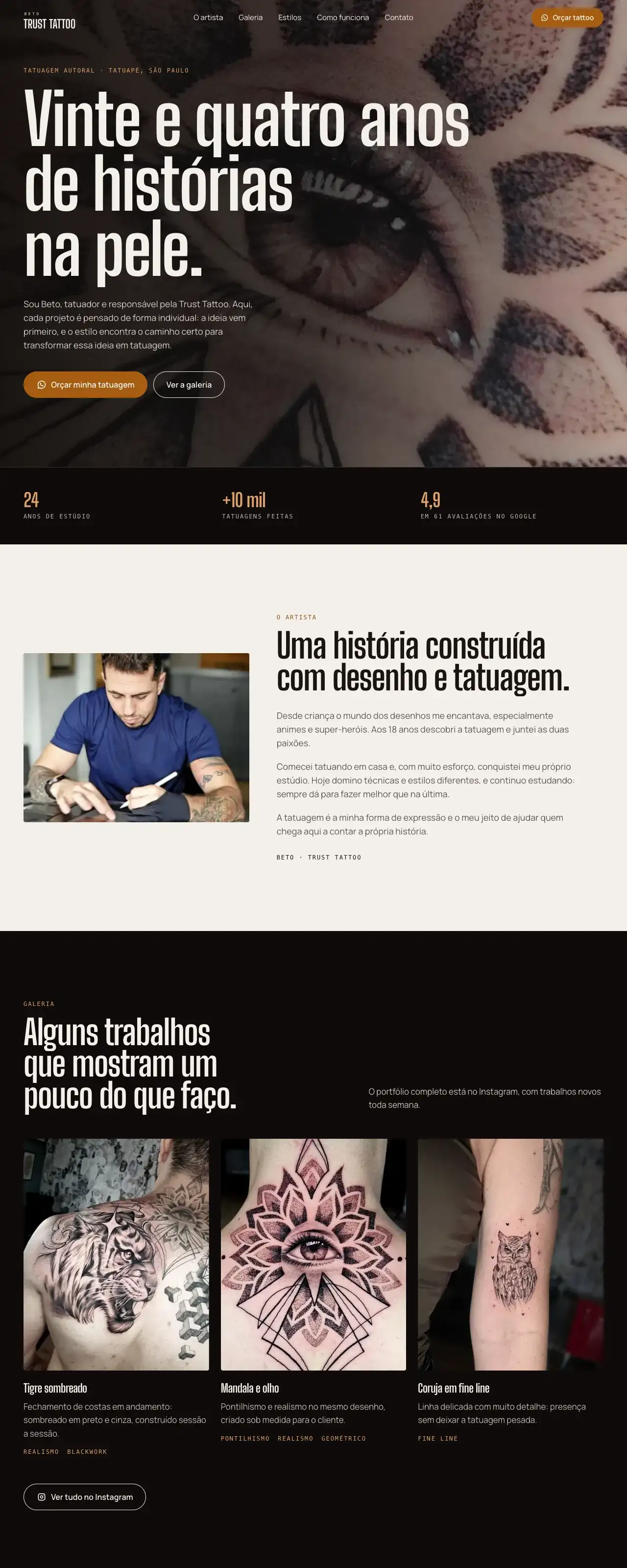 Página inicial do site do Beto Trust Tattoo rolando dentro de uma janela de navegador.