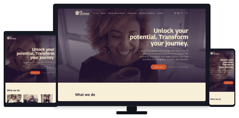 Site da PS Destrave no monitor, no notebook e no celular, com a chamada "Unlock your potential".