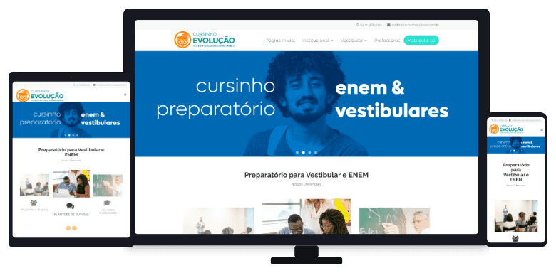 Site do Cursinho Evolução no monitor, no notebook e no celular, com foto de um aluno sorrindo no topo.