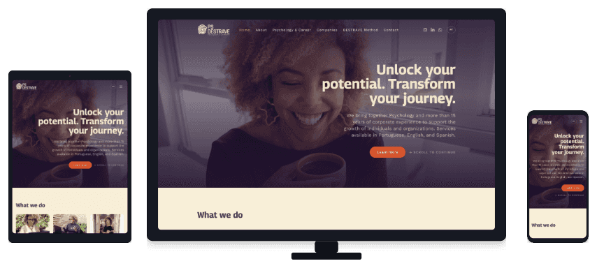 Site da PS Destrave no monitor, no notebook e no celular, com a chamada "Unlock your potential".