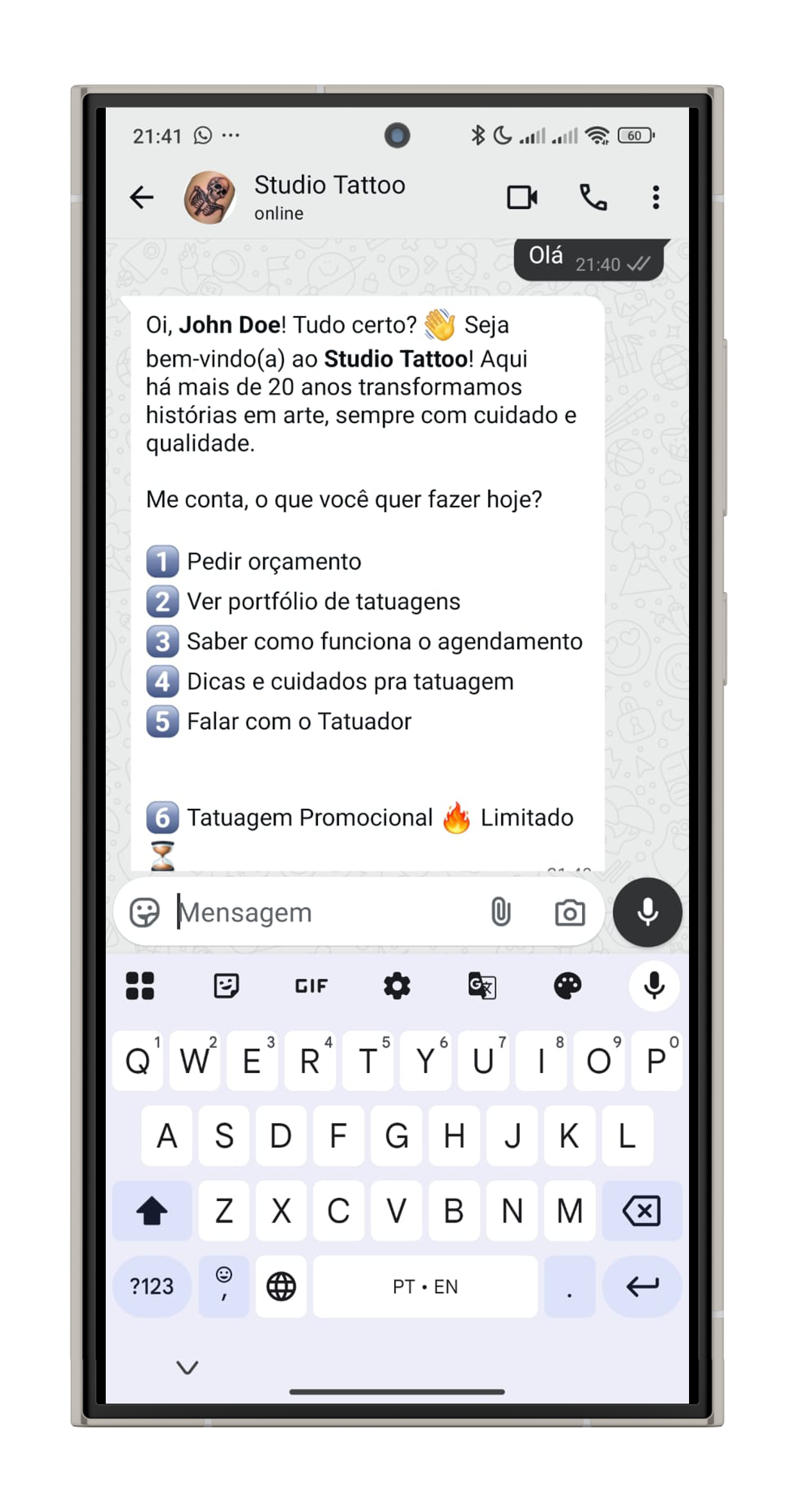 Exemplo de menu de bot no WhatsApp