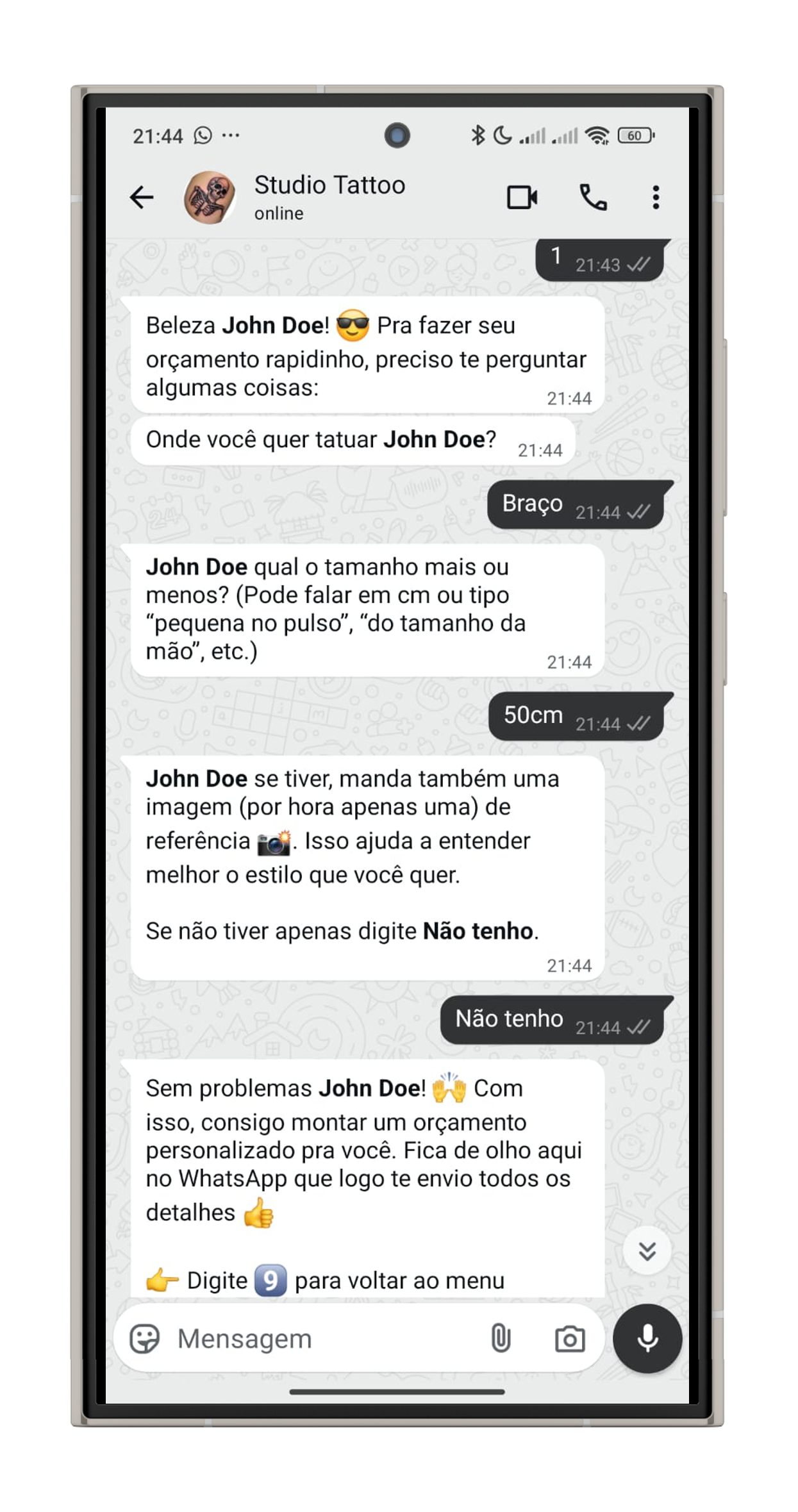 Exemplo de bot fazendo orçamento no WhatsApp